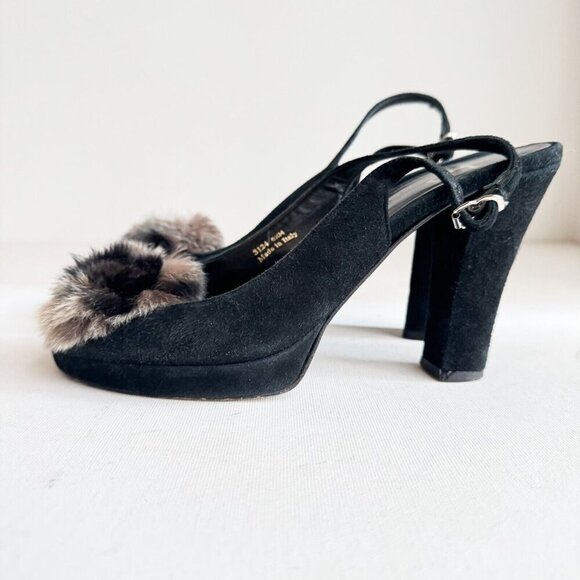 Suede Leather Fur Rosette Detail Peep toe Sling Back Heels 6.5 - Picture 8 of 11